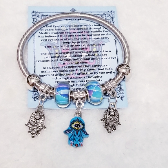 🦋3/$30 🦋Hamsa Hand  Evil Eye Charm Teal Braclet - Picture 3 of 5
